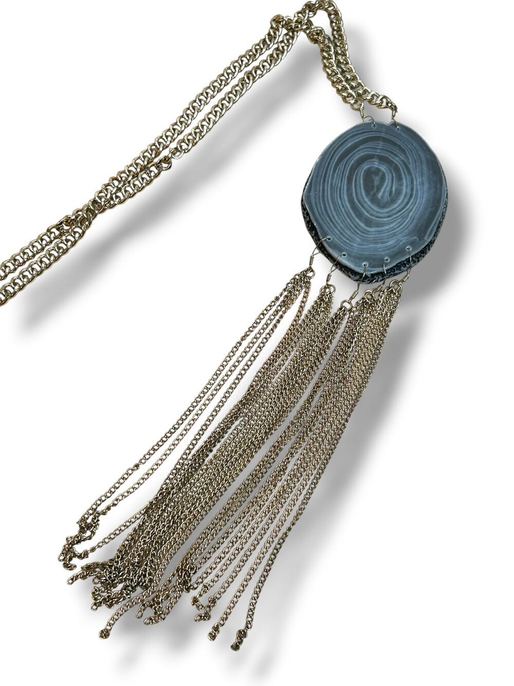 Bohemian Gray Striped Agate Stone Fringe Necklace Long Gold Tone Chain Statement